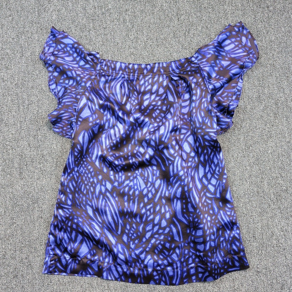 Banana Republic Y2K 100% Silk Blouse XS Blue Brown Abstract Flutter Sleeve Top - Picture 6 of 9